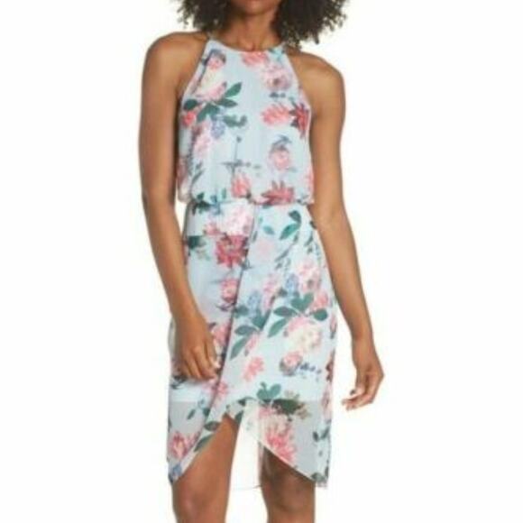 NWOT Chelsea28 Blue Floral Print Drape Dress - Picture 1 of 5